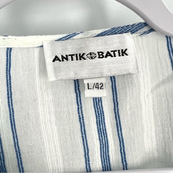 Antik Batik Serifos Ruffled Blue Striped Cotton Gauze Blouse Size L/42 - Picture 6 of 14